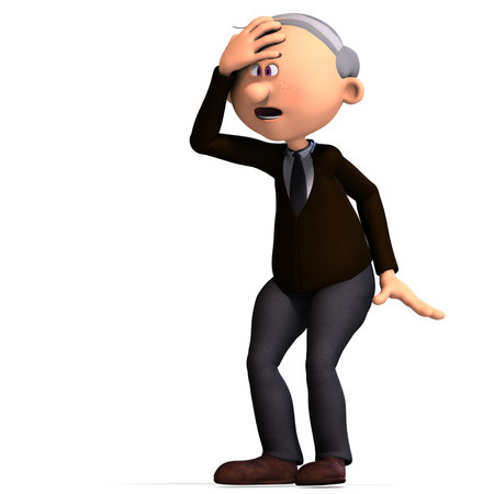 3D-illustration of a cute and funny cartoon old guy say that this is so crazyの写真素材