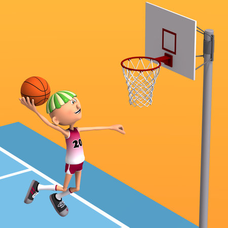 3D-illustration of a cute and funny cartoon basketball player thows a basketball on the boardの写真素材