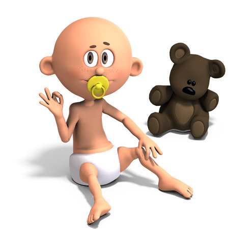 3D-illustration of a cute and funny cartoon baby with a diaper and a pacifierの写真素材