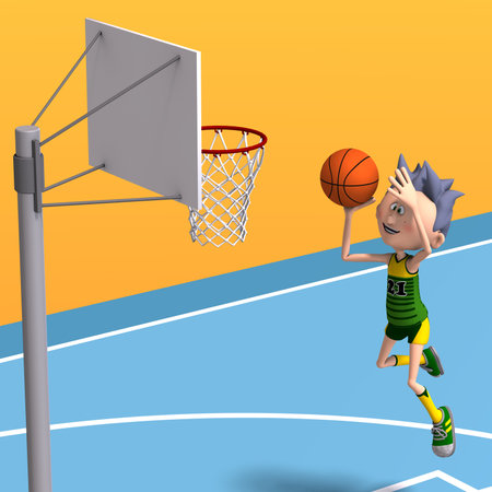 3D-illustration of a cute and funny cartoon basketball player dribbling and throwing a ballの写真素材