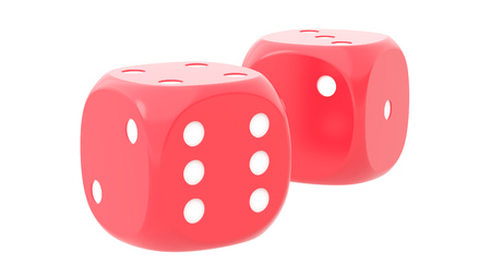 Two colored dice on a white background. 3D rendering.の写真素材