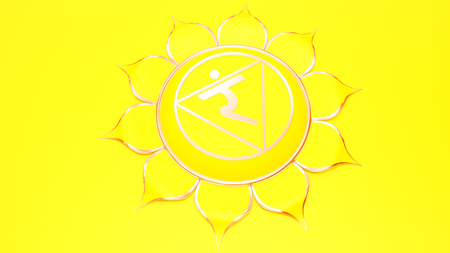 Yellow Manipura chakra solar plexus symbol concept of Hinduism, Buddhism, Ayurveda. Wisdom power. 3d...