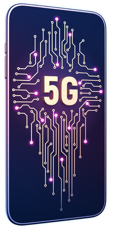 Smartphone white isolated background neon glow. Golden 5g symbol and circuit board on screen. 5g internet concept in technology 3d illustrationの写真素材