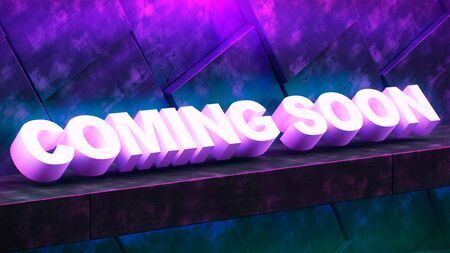 Concrete modern wall illuminated by neon light. Poster lettering coming soon. Large letters on a concrete shelf. Great design for any purposes. 3d renderの写真素材