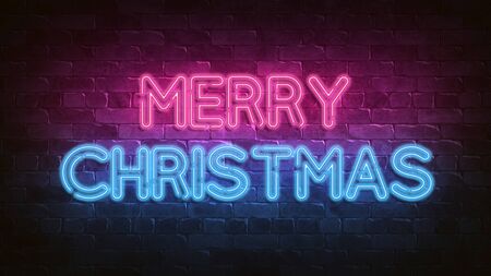 merry christmas neon sign. purple glow. Night lighting on the wall. 3d render. Holiday background. Greeting card for decorative design. New year christmas.Trendy Design. bright advertisement.の写真素材