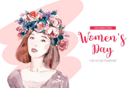 Women day frame design with  flower, women watercolor illustration,の写真素材