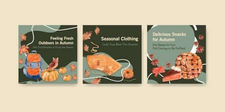 Ads template with autumn daily concept design for advertising and marketing watercolor vector illustrationの写真素材