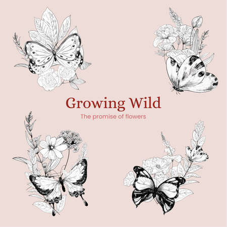 Bouquet template with spring wild flower concept,line art styleの写真素材