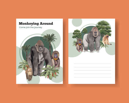 Postcard template with monkey in the jungle concept,watercolor styleの写真素材