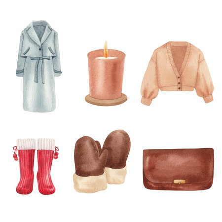 Winter clothes essential watercolor vector illustrationの写真素材