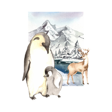 Wildlife village in winter watercolor decoration vectorの写真素材