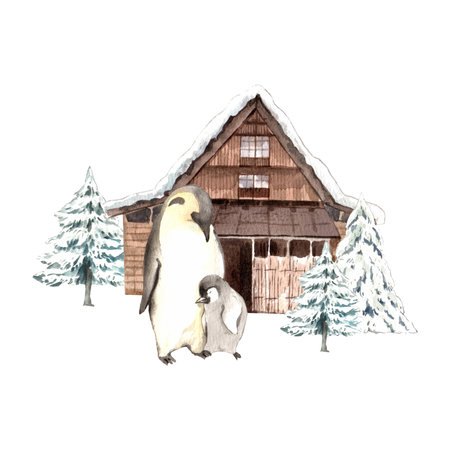 Wildlife village in winter watercolor decoration vectorの写真素材
