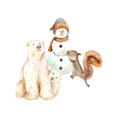 Wildlife village in winter watercolor decoration vectorの写真素材