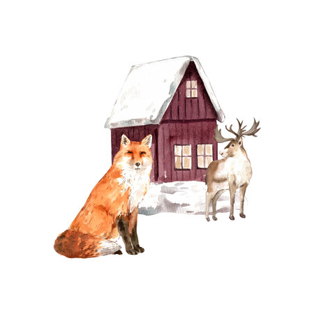 Wildlife village in winter watercolor decoration vectorの写真素材