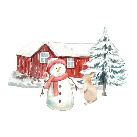 Wildlife village in winter watercolor decoration vectorの写真素材
