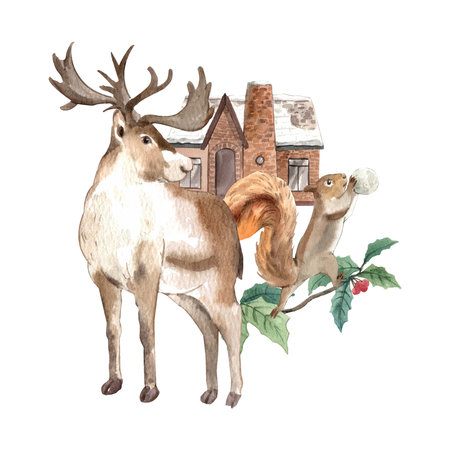 Wildlife village in winter watercolor decoration vectorの写真素材