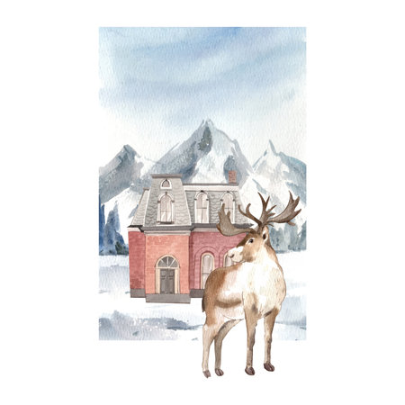 Wildlife village in winter watercolor decoration vectorの写真素材