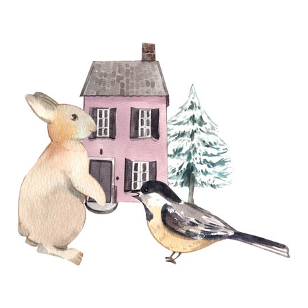 Wildlife village in winter watercolor decoration vectorの写真素材