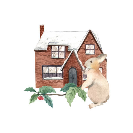 Wildlife village in winter watercolor decoration vectorの写真素材