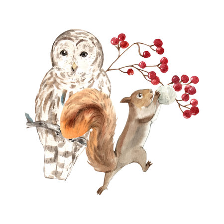 Wildlife village in winter watercolor decoration vectorの写真素材