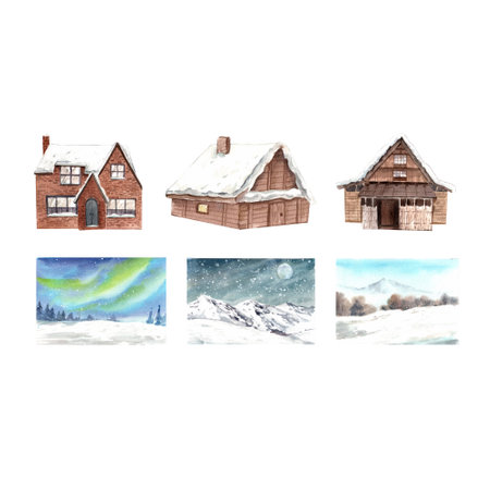 Wildlife village in winter watercolor decoration vectorの写真素材
