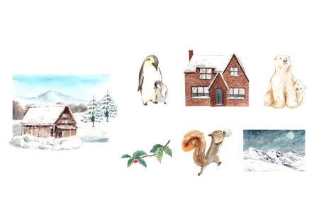 Wildlife village in winter watercolor decoration vectorの写真素材