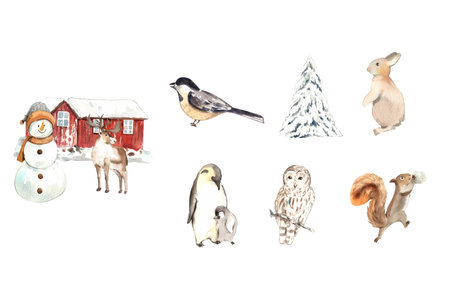 Wildlife village in winter watercolor decoration vectorの写真素材