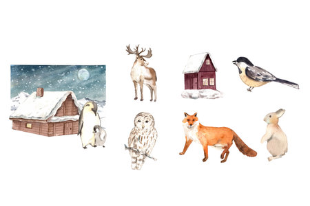 Wildlife village in winter watercolor decoration vectorの写真素材