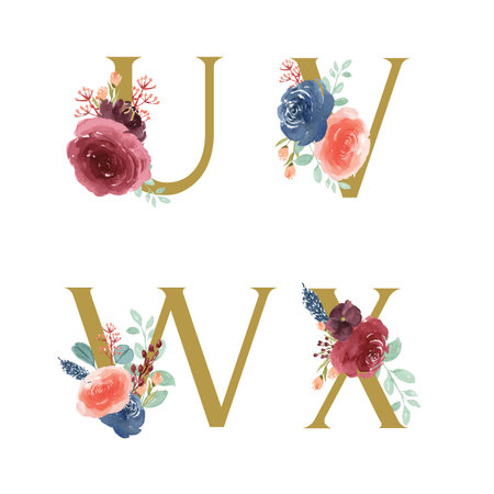 Gold Alphabet florals setÂ collection, Blue-red rose and pink peony flowers bouquets, Design for wedding invitation, celebrate marriage, Thanks card decoration vintage illustrationのイラスト素材