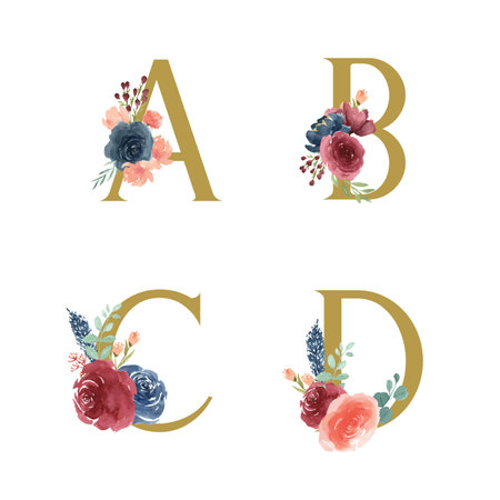 Gold Alphabet florals setÂ collection, Blue-red rose and pink peony flowers bouquets, Design for wedding invitation, celebrate marriage, Thanks card decoration vintage illustrationのイラスト素材