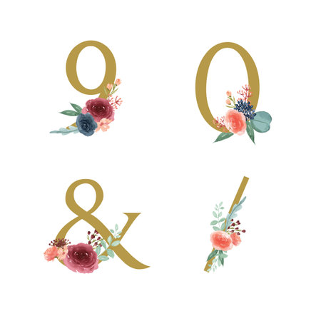 Gold Alphabet florals setÂ collection, Blue-red rose and pink peony flowers bouquets, Design for wedding invitation, celebrate marriage, Thanks card decoration vintage illustrationのイラスト素材