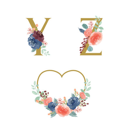 Gold Alphabet florals setÂ collection, Blue-red rose and pink peony flowers bouquets, Design for wedding invitation, celebrate marriage, Thanks card decoration vintage illustrationのイラスト素材