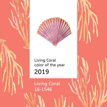 Color Coral 2019 trendy, Sea shell marine life summertime travel the beach ,aquarelle isolated vector illustrationのイラスト素材