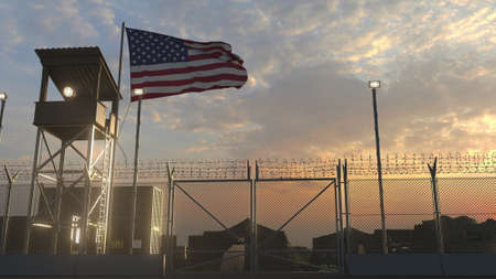 Military base with waving flag 3dの写真素材