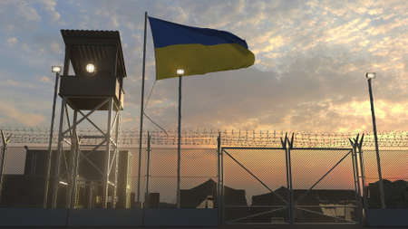 Military base with waving flag 3dの写真素材