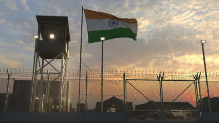 Waving flag of India above military base in the eveningの写真素材