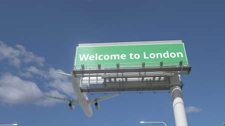 Plane flying over WELCOME TO LONDON road sign 3d renderingの写真素材