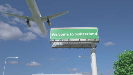 Airplane flies over WELCOME TO SWITZERLAND highway sign 3d renderingの写真素材