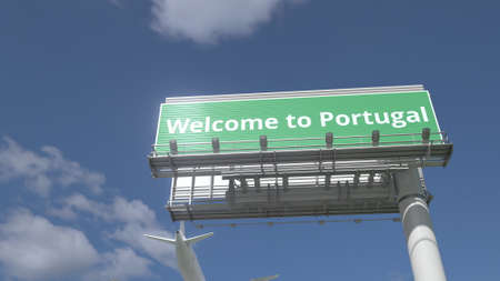 Airliner flies over WELCOME TO PORTUGAL highway sign 3d renderingの写真素材