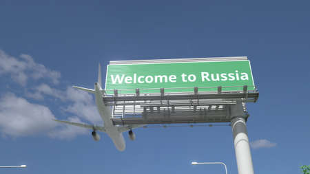 Airliner flies over WELCOME TO RUSSIA highway sign 3d renderingの写真素材
