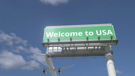 Arriving plane flies over WELCOME TO USA road sign 3d renderingの写真素材