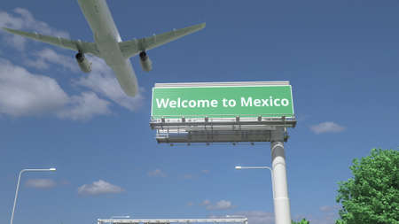 Airplane flies over WELCOME TO MEXICO highway sign 3d renderingの写真素材
