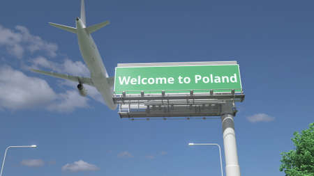 Arriving plane flies over WELCOME TO POLAND road sign 3d renderingの写真素材