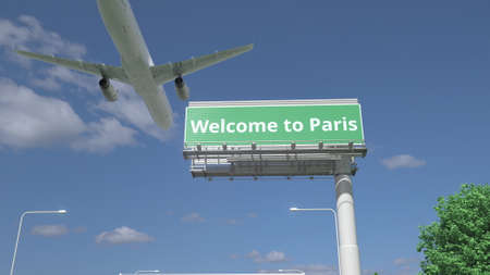 Airplane flies over WELCOME TO PARIS highway sign 3d renderingの写真素材