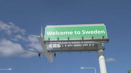 Arriving plane flies over WELCOME TO SWEDEN road sign 3d renderingの写真素材