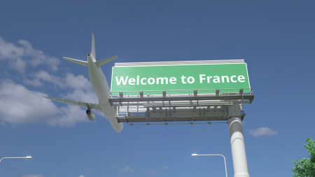 Arriving plane flies over WELCOME TO FRANCE road sign 3d renderingの写真素材
