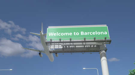 Airliner flies over WELCOME TO BARCELONA highway sign 3d renderingの写真素材