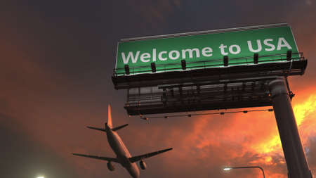 Arriving plane flies above WELCOME TO USA road sign in the evening, 3d renderingの写真素材