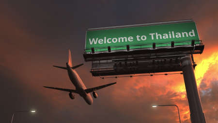Airplane flies above WELCOME TO THAILAND highway sign at night. 3d renderingの写真素材