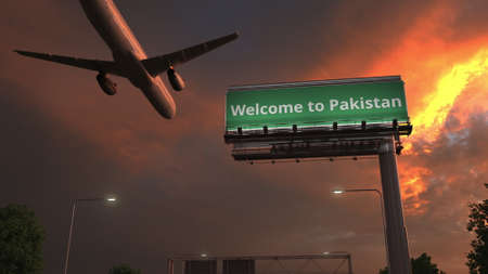 Airplane flies above WELCOME TO PAKISTAN highway sign in the evening, 3d renderingの写真素材